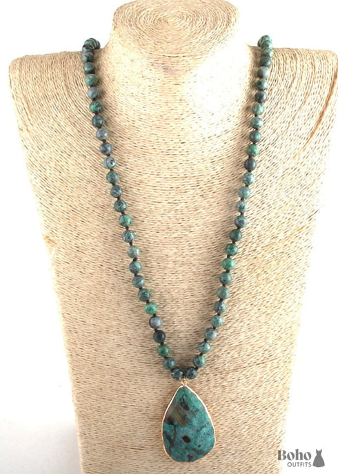 Boho Necklace, RH India Agated Blue and Green Natural Stone